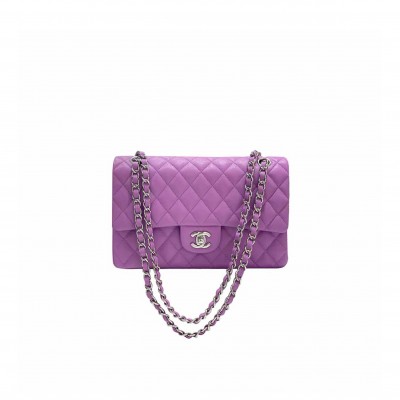 CHANEL CAVIAR QUILTED MEDIUM DOUBLE FLAP PURPLE SILVER BUCKLE (25.5*15.5*6.5cm) 